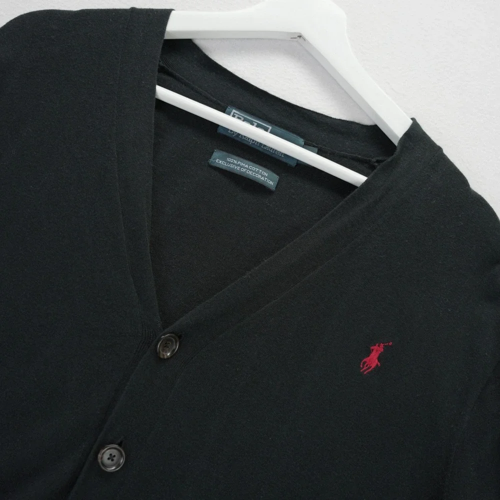 Polo Ralph Lauren Mens Black Pima Cotton Cardigan Sweater Red Pony Logo Size M